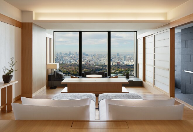 A Deluxe Palace Garden View Room at the Aman Tokyo.